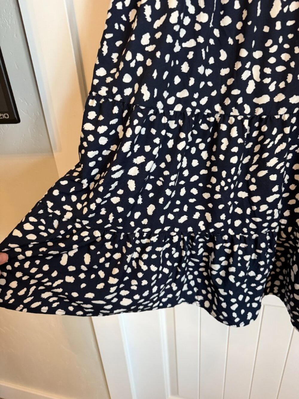 Navy tiered mini dress with a white dalmatian dot print - Picture 3 of 6